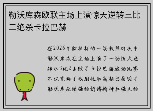 勒沃库森欧联主场上演惊天逆转三比二绝杀卡拉巴赫